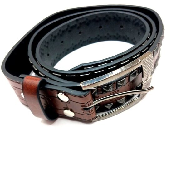 Double Row Studded Leather Belt Brown New - Picture 1 of 10